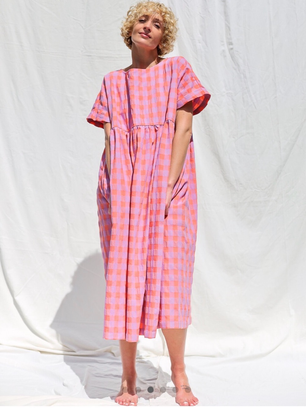 OFFON SEERSUCKER SILVINA PURPLE CHECK OVERSIZED COTTON BOHO DRESS ONE SIZE EUC
